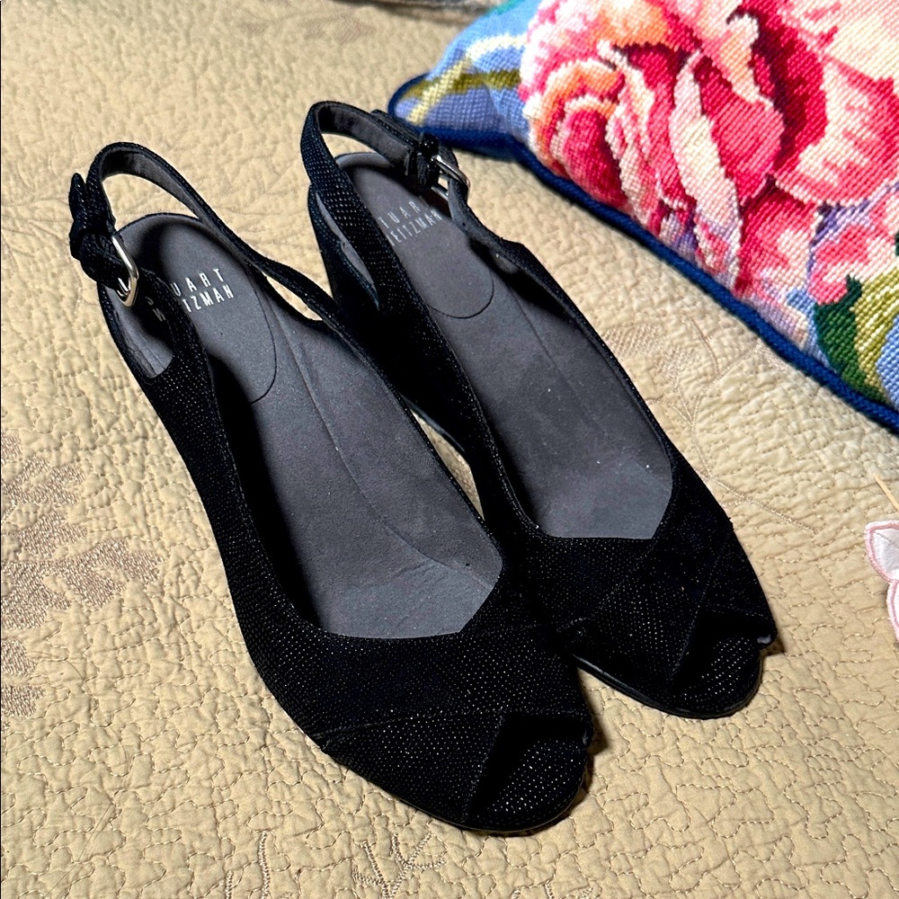 Stuart Weitzman Black Peep-Toe Wedges size 7 1/2 nwot
